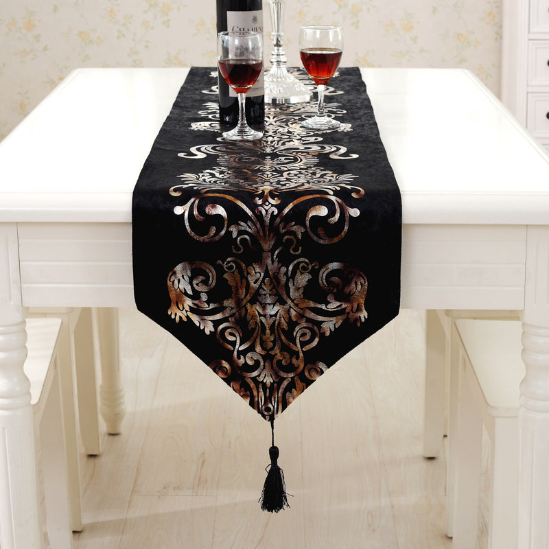 Soft Flocking Table Runner Off-white Beige Gray Narrow Tablecloth Coffee Floral Bed Runner with Tassel for Wedding Decoration