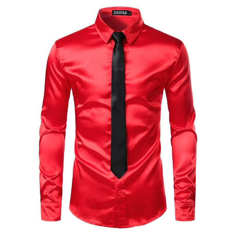 2pcs Silver Silk Shirt+Tie Mens Satin Smooth Tuxedo Shirts Casual Button Down Men Dress Shirts Wedding Party Prom Chemise Homme