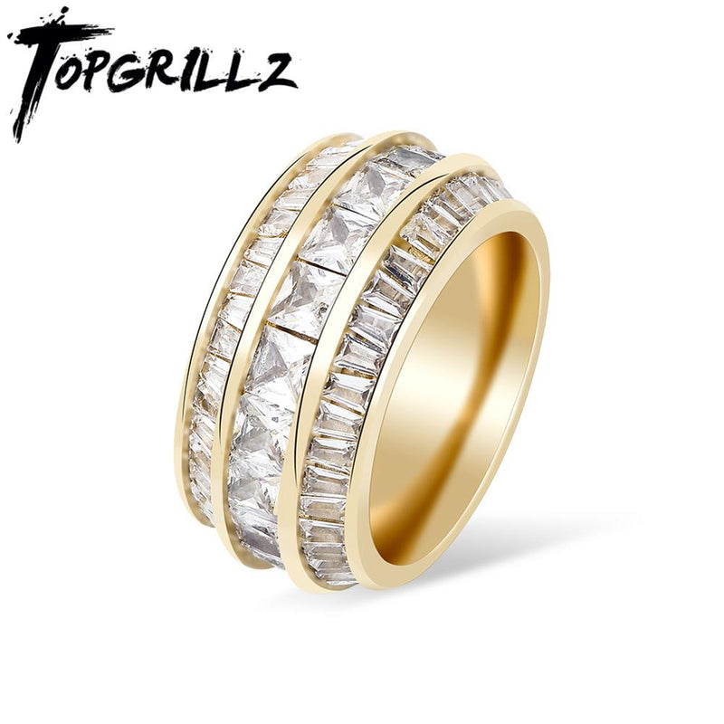 TOPGRILLZ, nuevos anillos de circón Baguette, anillo de Material de cobre de alta calidad, Color dorado, Zirconia cúbica helada, joyería de moda de Hip Hop