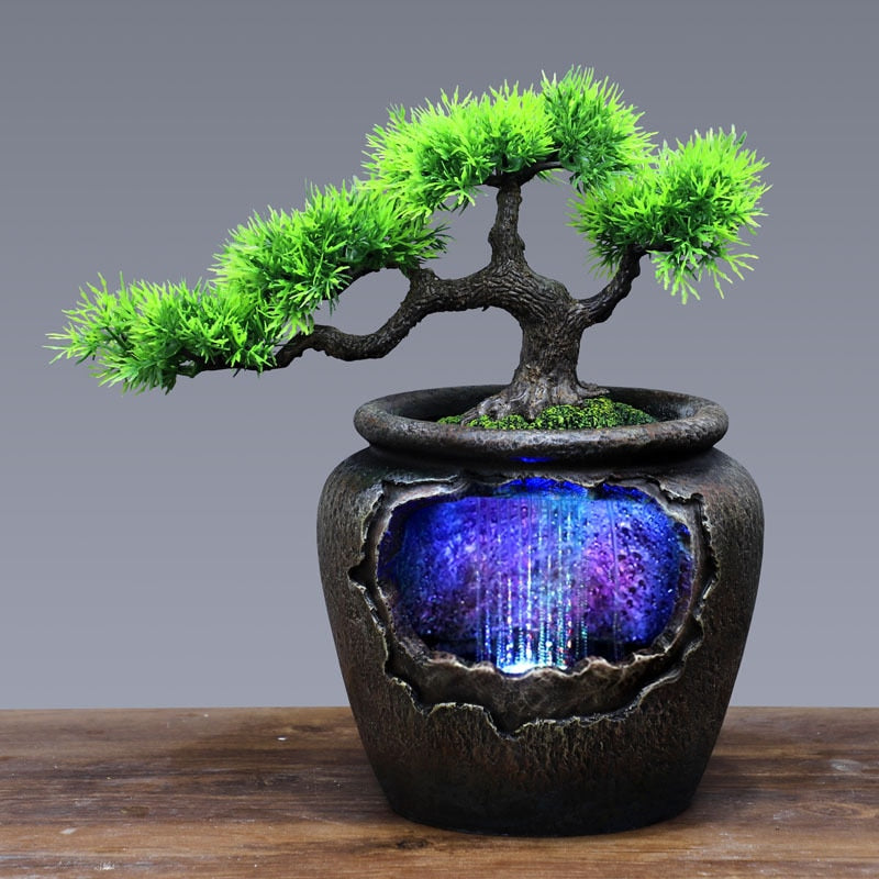 Creative Indoor Resin Flower Pot Flowing Water Waterfall Statue Feng Shui 7-Color Led Change Home Garden Simulation Crafts