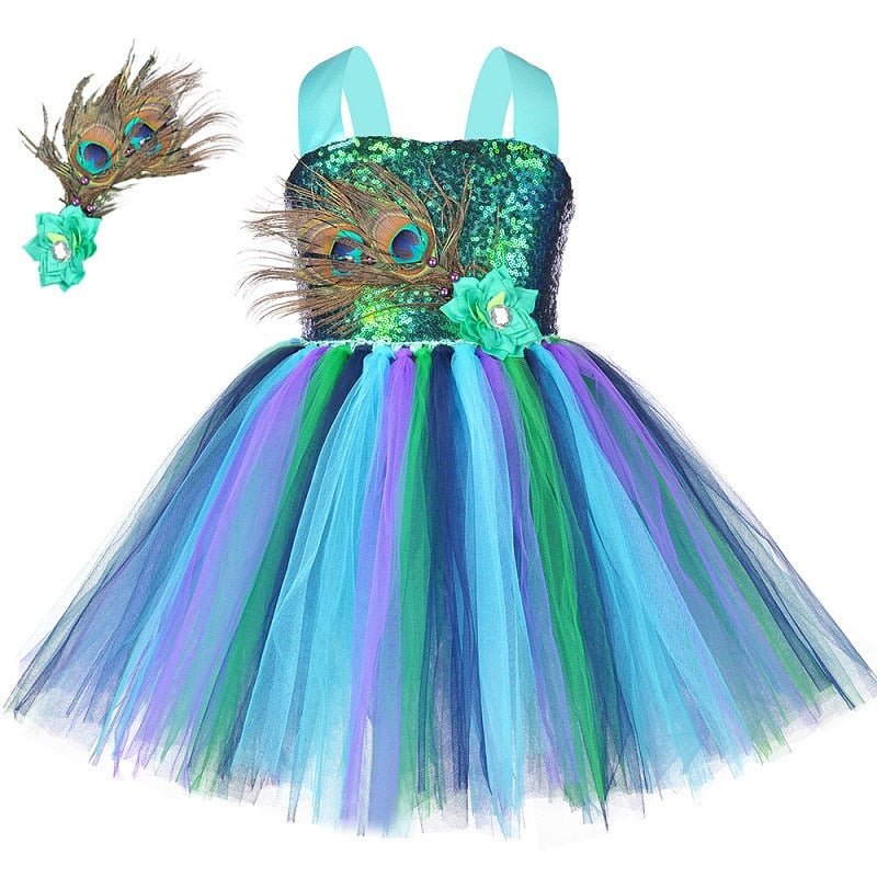 Flower Feathers Girls Peacock Tutu Dress Kids Tulle Princess Peacock Costume for Girls Pageant Halloween Birthday Party Gown