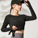 Lose Yoga-Kleidung für Fitness-Sport-Shirt, Damen-Bluse, O-Ausschnitt, Workout, Laufen, langärmliges Damen-Fitness-Top mit Daumenlöchern