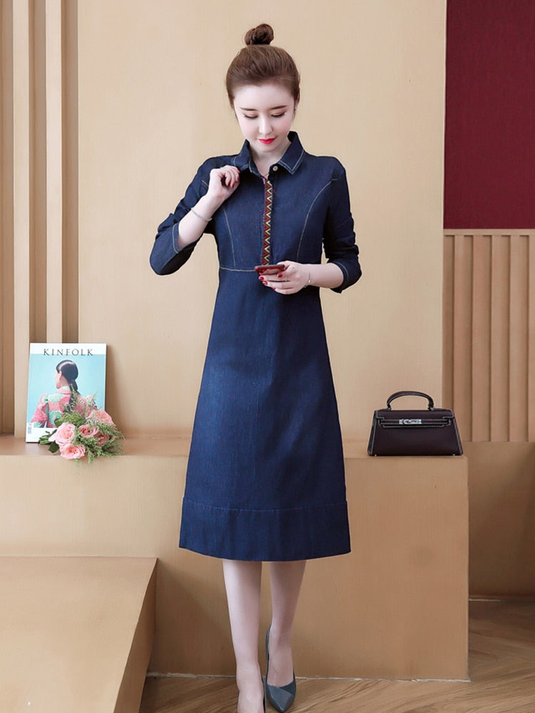 S-5XL Women Denim Dress Spring Autumn New Fashion Printing Blue Dresses Long-sleeve Loose Cotton Mid-length Dress Female