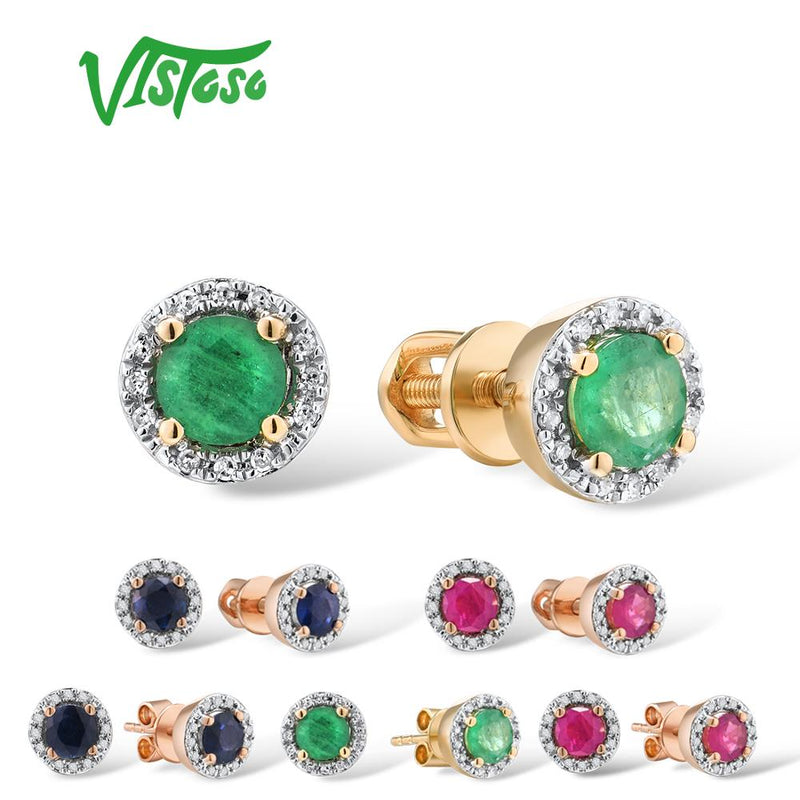 VISTOSO pendientes de oro para mujer genuino 14K 585 oro rosa amarillo redondo 4mm esmeralda azul zafiro rubí pendientes de tuerca joyería fina