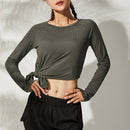 Lose Yoga-Kleidung für Fitness-Sport-Shirt, Damen-Bluse, O-Ausschnitt, Workout, Laufen, langärmliges Damen-Fitness-Top mit Daumenlöchern