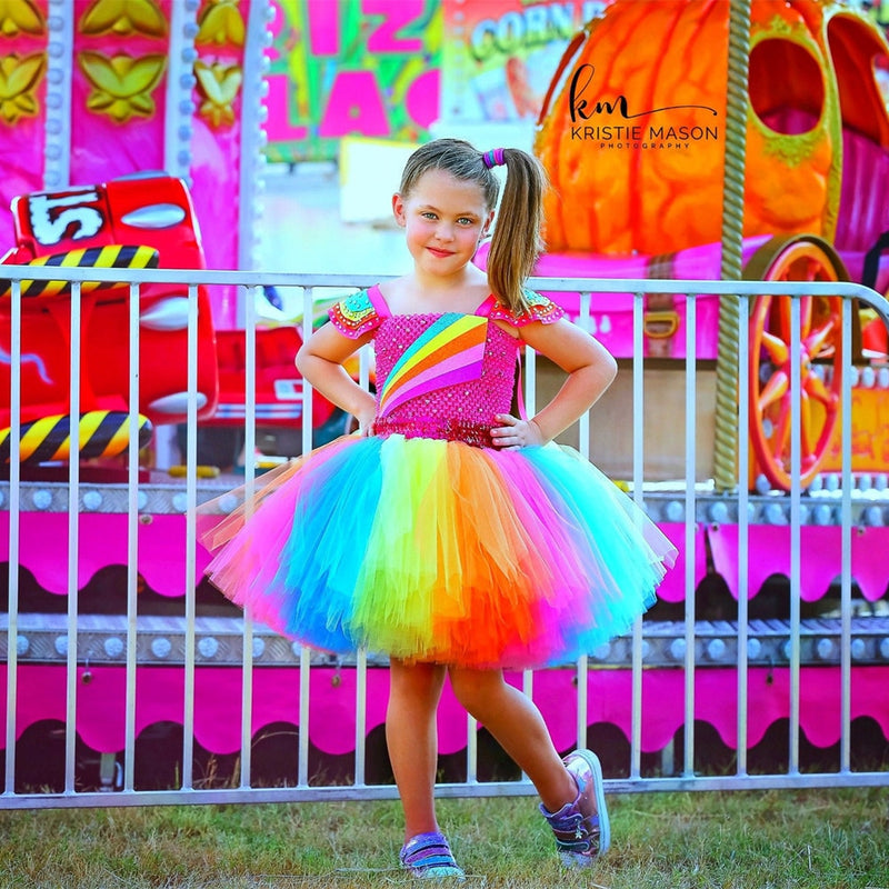 Jojo Siwa Tutu Dress with Hair Bow Rainbow Girls Princess Dress Tulle Kids Tutu Dresses for Girls Holiday Birthday Party Costume