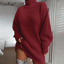 Forefair cuello alto manga larga suéter vestido mujer Otoño Invierno túnica suelta de punto Casual rosa gris ropa vestidos sólidos