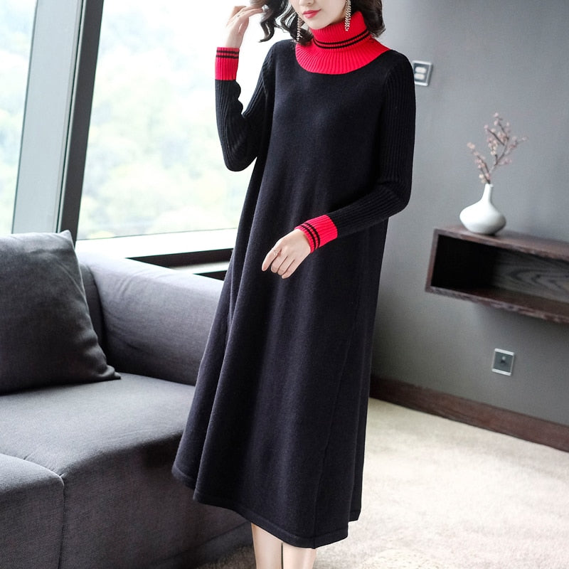 Winter Vintage Women's Turtleneck Black Sweater Dress 2023 Autumn Long Casual Knitting Maxi Dress Elegant Bodycon Party Vestidos