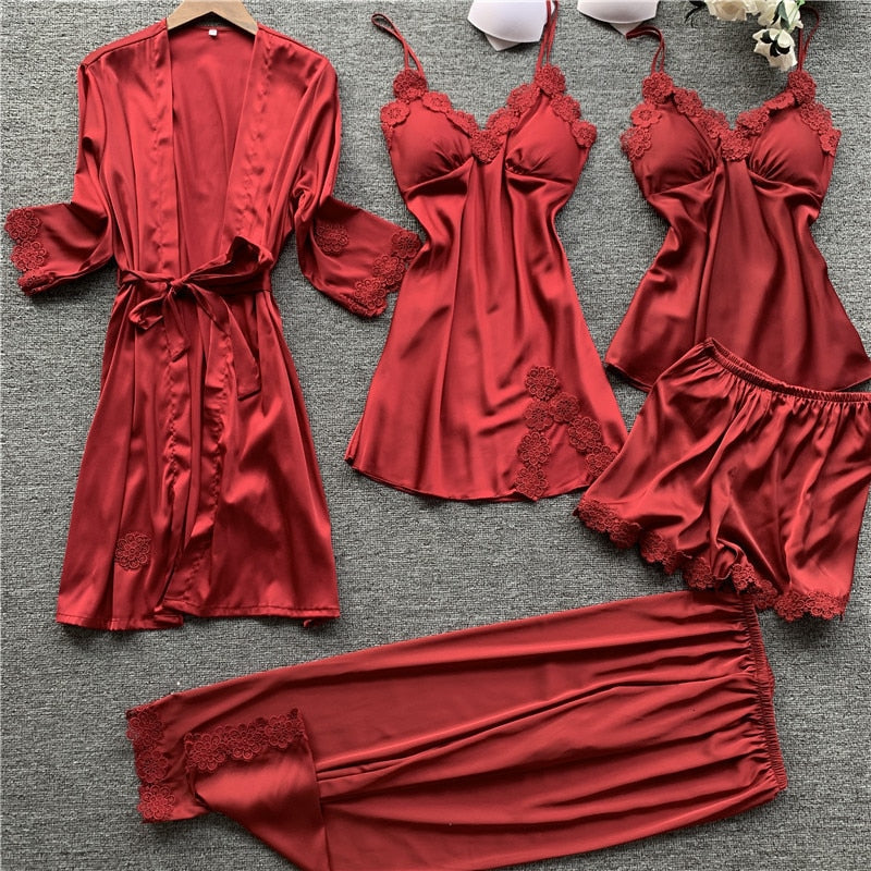 Stain Lace Women Pajama Set 5 Pieces Set Pajamas V Lead With Chest Pad Spaghetti Strap Set Pijama