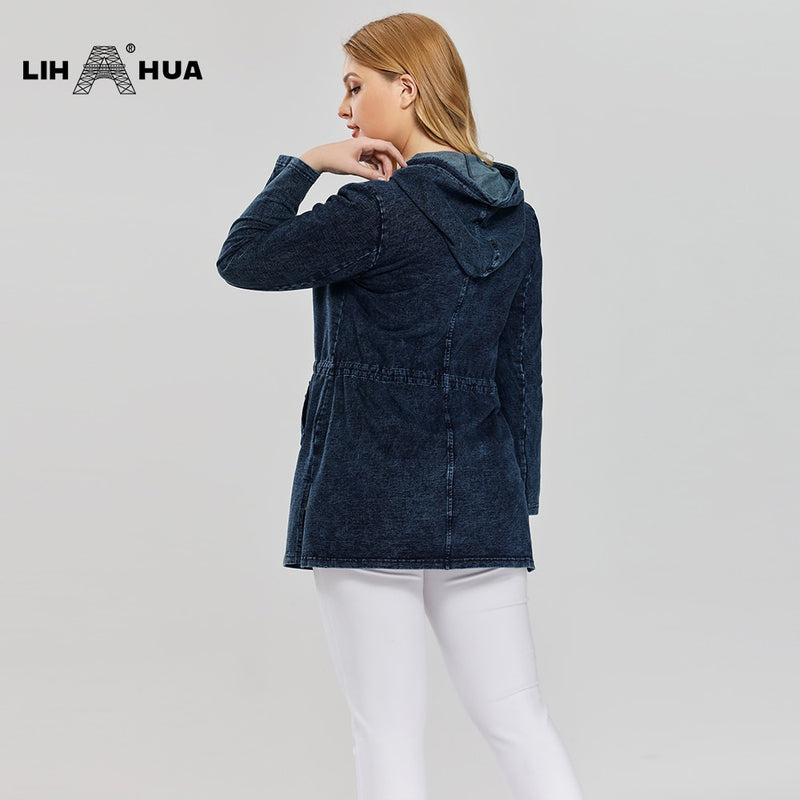 LIH HUA, chaqueta vaquera de talla grande para mujer, estilo largo informal para mujer, Chaquetas vaqueras de punto de algodón elástico Premium