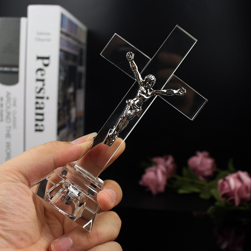 Christian Gifts Nightlight Crystal Jesus Cross Statue Religious Style Crystal Cross Church Decoration Home Decor Craft Ornament