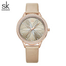 Relojes Shengke para Mujer, relojes de cuero con superficie de flores lineales, caja de cristal, movimiento de cuarzo japonés, Reloj para Mujer, Montres Femmes