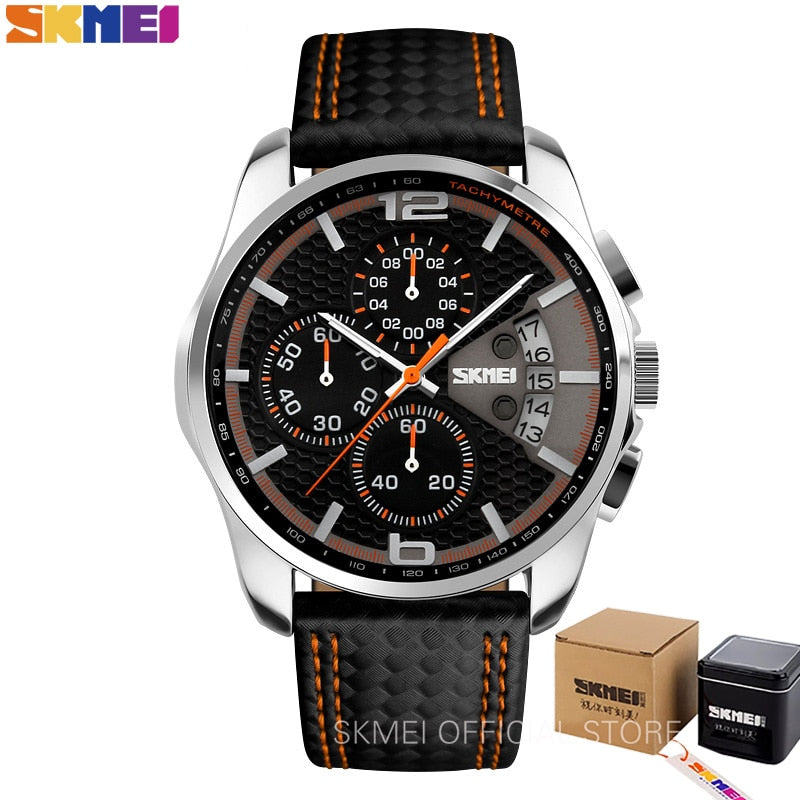 SKMEI, relojes deportivos a la moda para hombre, relojes de pulsera de cuarzo impermeables de 5 barras con correa de cuero de lujo de marca superior, reloj Masculino 9106