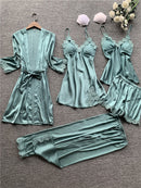 Stain Lace Women Pajama Set 5 Pieces Set Pajamas V Lead With Chest Pad Spaghetti Strap Set Pijama