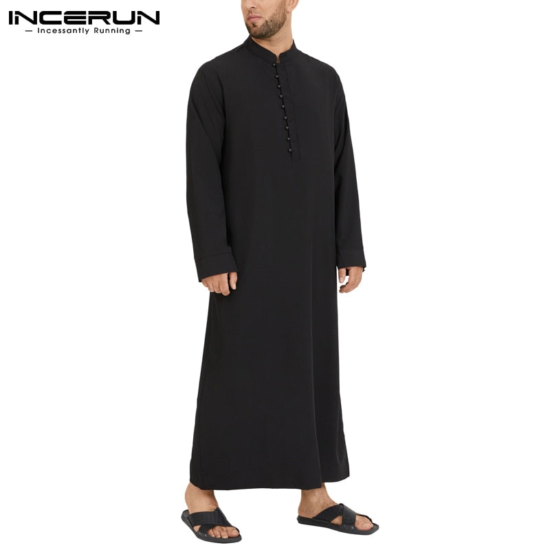 Hombres musulmanes Jubba Thobe manga larga Color sólido transpirable túnicas 2022 Stand Collar islámico árabe Kaftan hombres Abaya S-5XL INCERUN