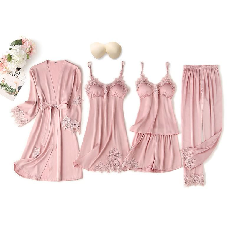 Black Sexy Women Robe Set Faux Silk Kimono Bathrobe Gown 5PCS Sleepwear Suit Hollow Out Lace Nightgown Home Wear Wedding Gift