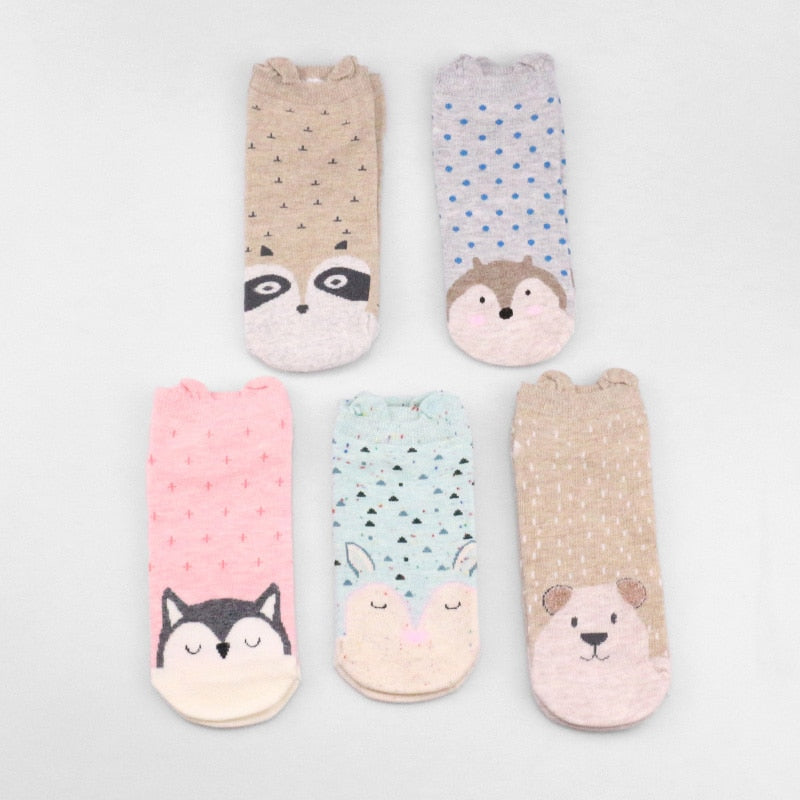 5 pairs/lot pack Cute Animal Pug Dog Cat Happy Women Cartoon Lolita  Girl Socks Cotton Short Socks Funny Socks Female With Box