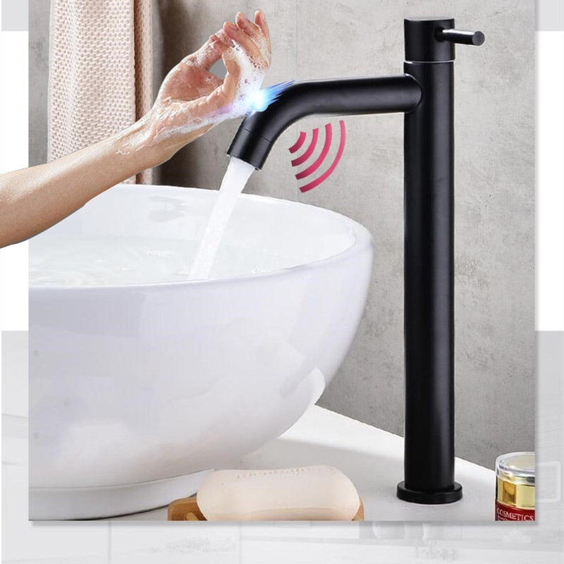 Touch-Waschtischarmatur SDSN SUS304 Edelstahl-einzelner kalter Badezimmer-Waschtisch-Hahn-Sensor-Schwarz-Waschtisch-Hahn-Touch-Control-Armaturen