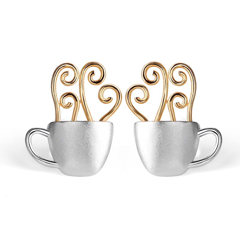 Pendientes Lotus Fun de plata de ley 925 auténtica, joyería fina hecha a mano Original, pendientes de tuerca a la moda con taza de café caliente para regalo de mujer