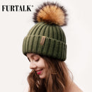 Furtalk Real Fur pompom Beanie Hat Women Winter Knitted Hat Warm Real Big Raccoon Pom Pom Hat  for Female