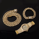 Halskette + Uhr + Armband Hip Hop Miami Curb Kubanische Kette Goldfarbe Iced Out Gepflasterte Strasssteine ​​CZ Bling Rapper Für Herrenschmuck