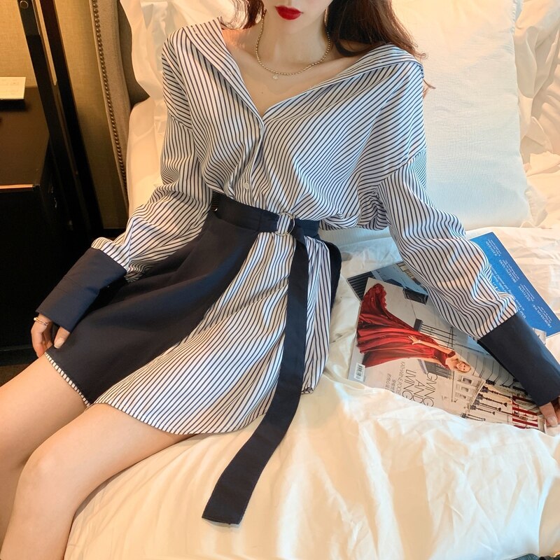 2020 Autumn Women Two Pieces Sets Stripe Long Sleeve Blouse Dress + Lace Up Mini Skirt Korean Fashion 2PCS Suit Womens Clothing