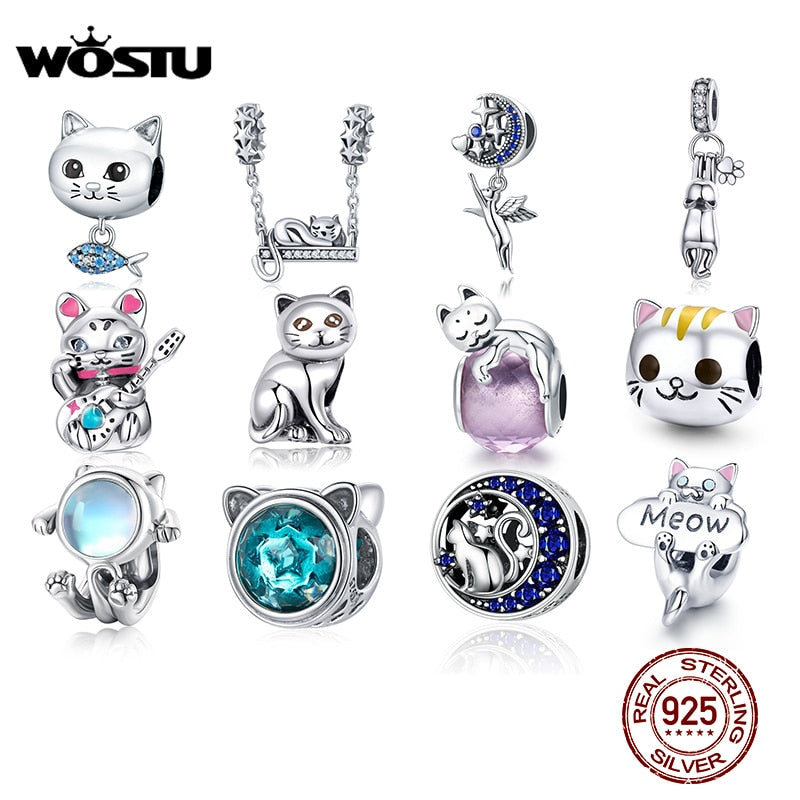 WOSTU Cute Cat Charms 925 Sterling Silver Animal Pussy Zirconia Beads Fit Original pulsera colgante DIY collar joyería