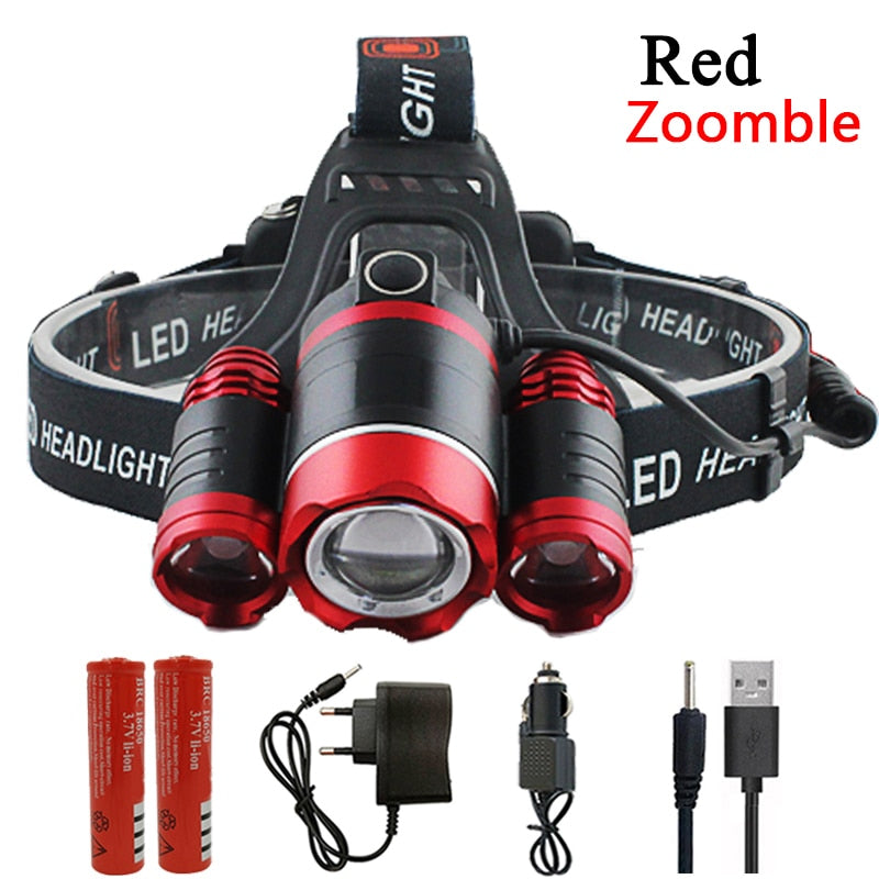 3 Led Headlamp Rechargeable XM-L T6 Headlight light Lantern Head Lamp Flashlight zoomable 18650 Battery Hunting fishing lighting