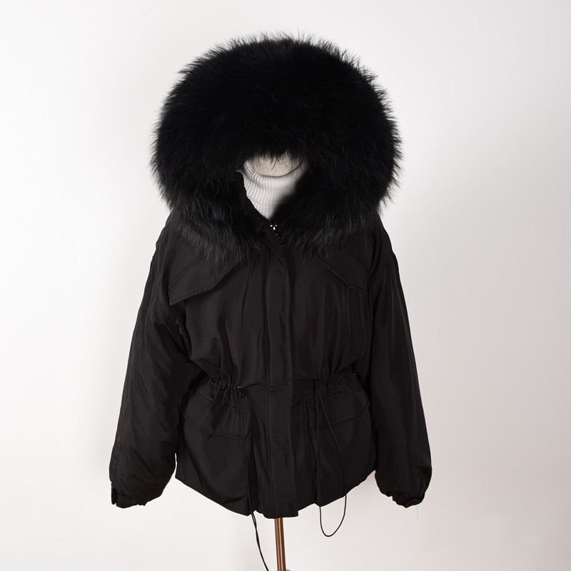 Janveny Huge Raccoon Fur Collar Hooded 2021 Short Female Winter Feather Down Coat Women 90% Duck Down Jacket Winter Puffer Parka