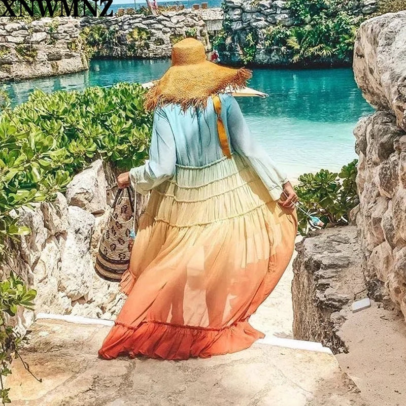 2020 Sommer Böhmen Strandkleid Frauen Casual Farbverlauf Lose Kleider Langarm V-Ausschnitt Einreihig Knopf Rüschenkleid