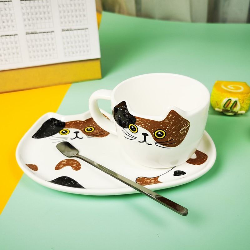 Ceramic Coffee Cup Sets Cartoon Cat Pattern Tea Cup Dessert Plate Outfit Creative Cute Coffee Cup and Saucer Set Give Away Spoon