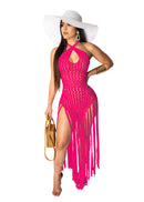 JRRY Long Tassels Knitted Cover Ups Vestidos Halter String Back Crochet Vestido de playa Hasta el tobillo Patrón sólido Punto Ropa al aire libre