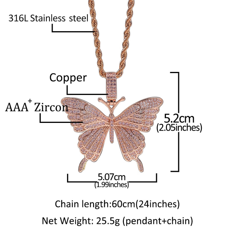 Uwin Iconic Butterfly Pendant 9mm Rose Gold Cuban Chain Cubic Charm Pink Tennis Chain Necklace Men Women Hip Hop Jewelry Gift