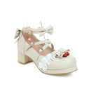 Zapatos japoneses de Lolita Mary Janes, zapatos de princesa rosa con correa en el tobillo, pajarita, volantes de fresa, zapatos de tacón para uniforme de Cosplay de boda de talla grande 48