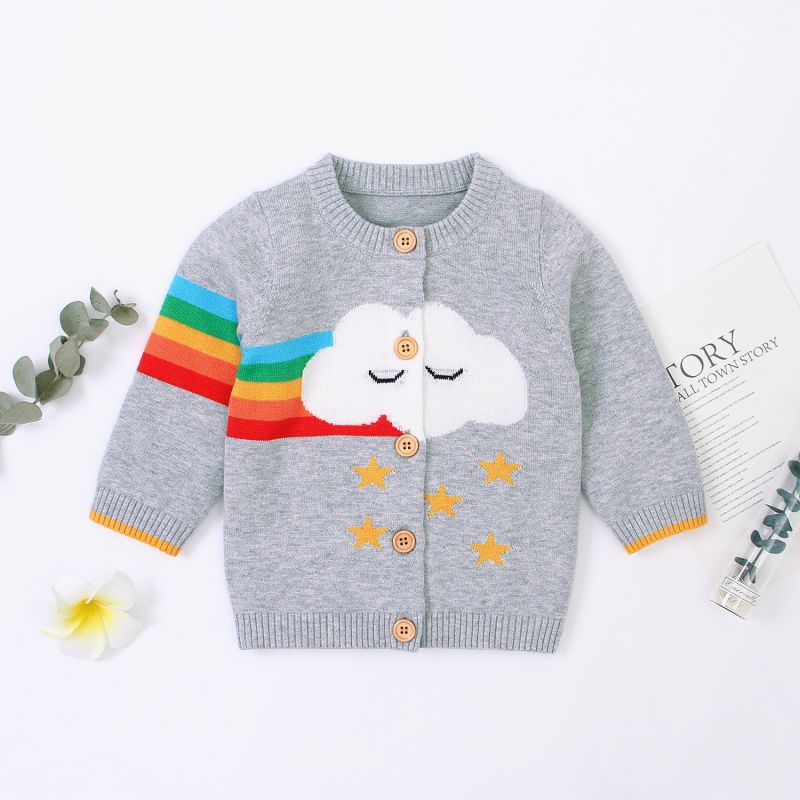 Suéter para niños, ropa de otoño para bebés (niño o niña), cárdigan con estampado de arco iris de dibujos animados, ropa de abrigo informal de algodón de punto