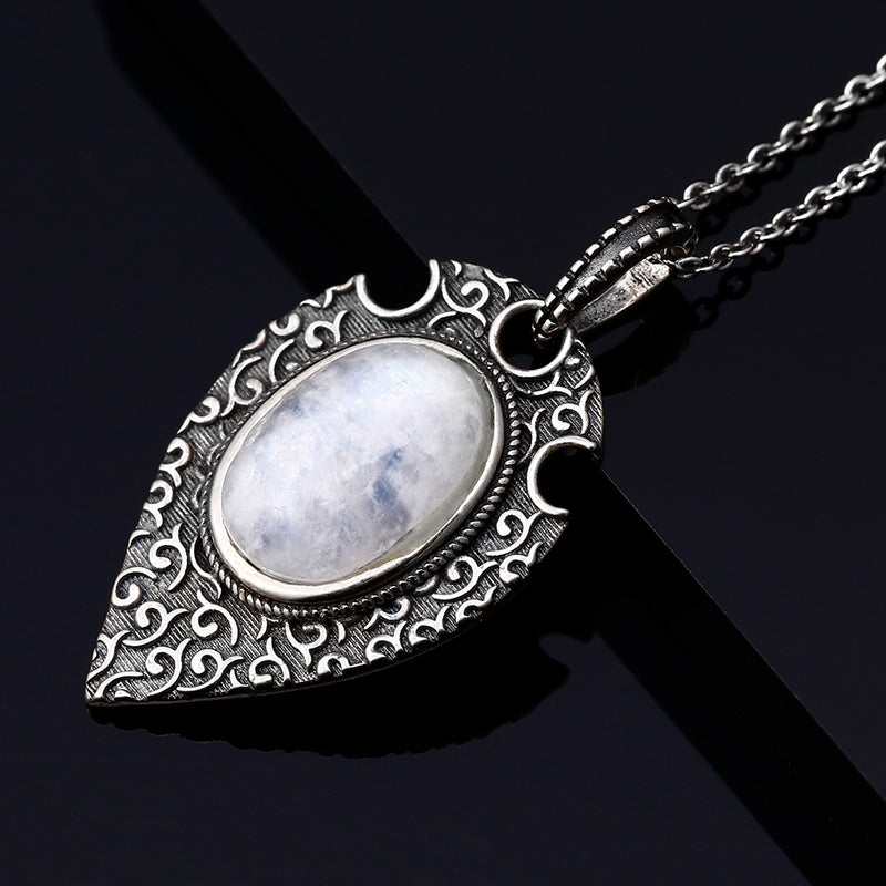 100% S925 Sterling Silver Necklace Pendant Large Oval 10*14MM Natural Moonstone Retro Bohemian Style Necklace Pendant Party