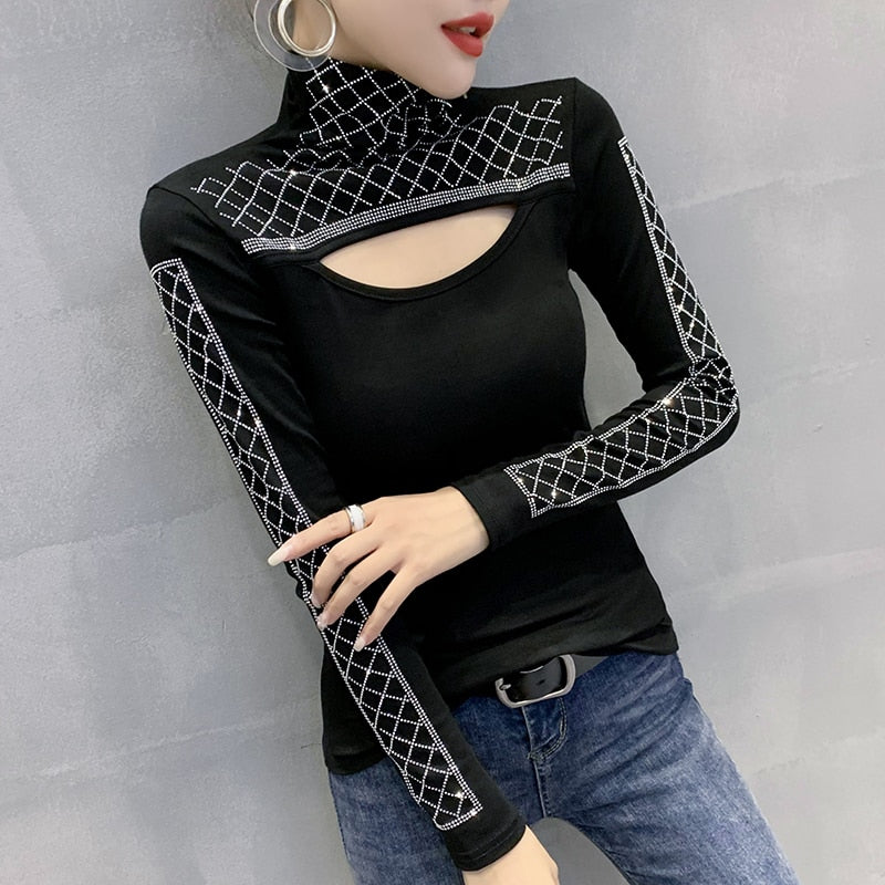 New 2022 Spring Autumn Long Sleeve T-Shirt Fashion Casual Turtleneck Diamond Woman Tshirts Elegant Slim Women's Tops Blusas