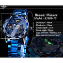 Winner Transparent Diamond Mechanical Watch Blue Stainless Steel Skeleton Watch Top Brand Luxury Business Luminous Male Clock