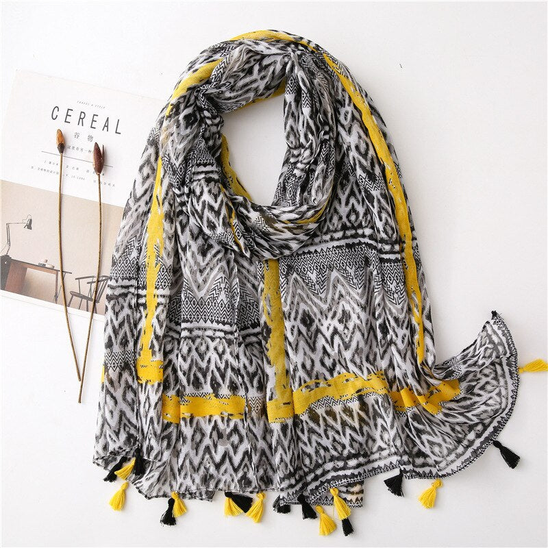 2020 fashion spring summer geometry printing cotton scarf with tassel fashion wraps shawls sunscreen beach hijabs wholesale