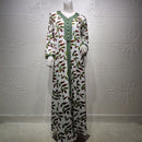 Siskakia Mittlerer Osten Frauen Langes Kleid Band V-Ausschnitt Volle Ärmel Blätter Drucken Maxikleider Türkei Arabisch Dubai Muslimische Kleidung