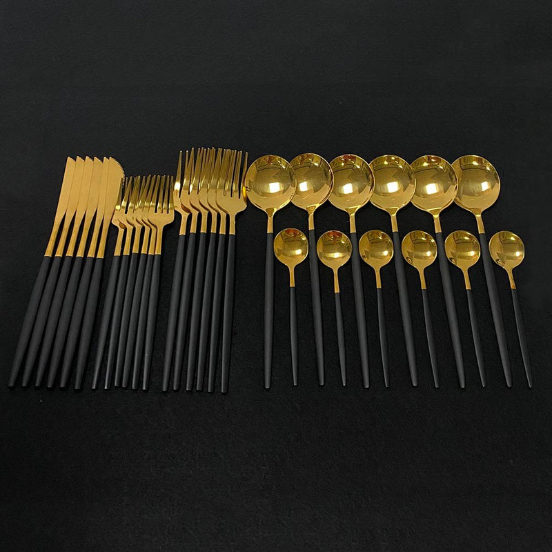 30Pcs Shiny Gold Cutlery Set Stainless Steel Dinnerware Set Knife Dessert Fork Spoon Dinner Silverware Set Kitchen Tableware Set