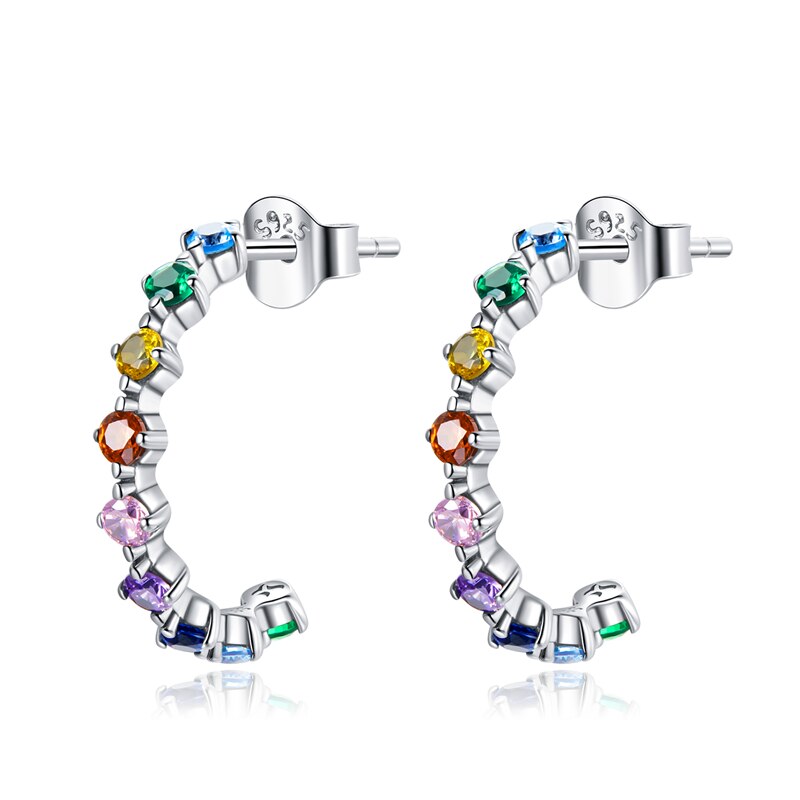 WOSTU Plata de Ley 925 auténtica pendientes de tuerca de circonitas coloridas simples pendientes de arcoíris para mujer joyería de plata de moda CQE1014