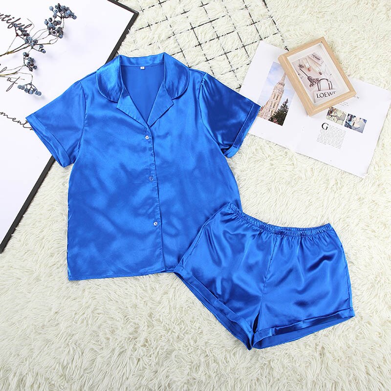 HiLoc Solid Satin Sleepwear Silk Pajamas Set Top And Shorts Two Piece Set Pyjamas Women Pajama Short Sleeve Home Suit Casual