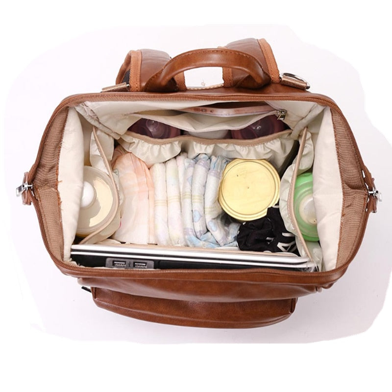 Bolsa de pañales de cuero Pu, mochila impermeable, bolsa de maternidad para cochecito, bolsas de mamá para bebés, bolsa de pañales de PU, bolsa de botella de gran capacidad