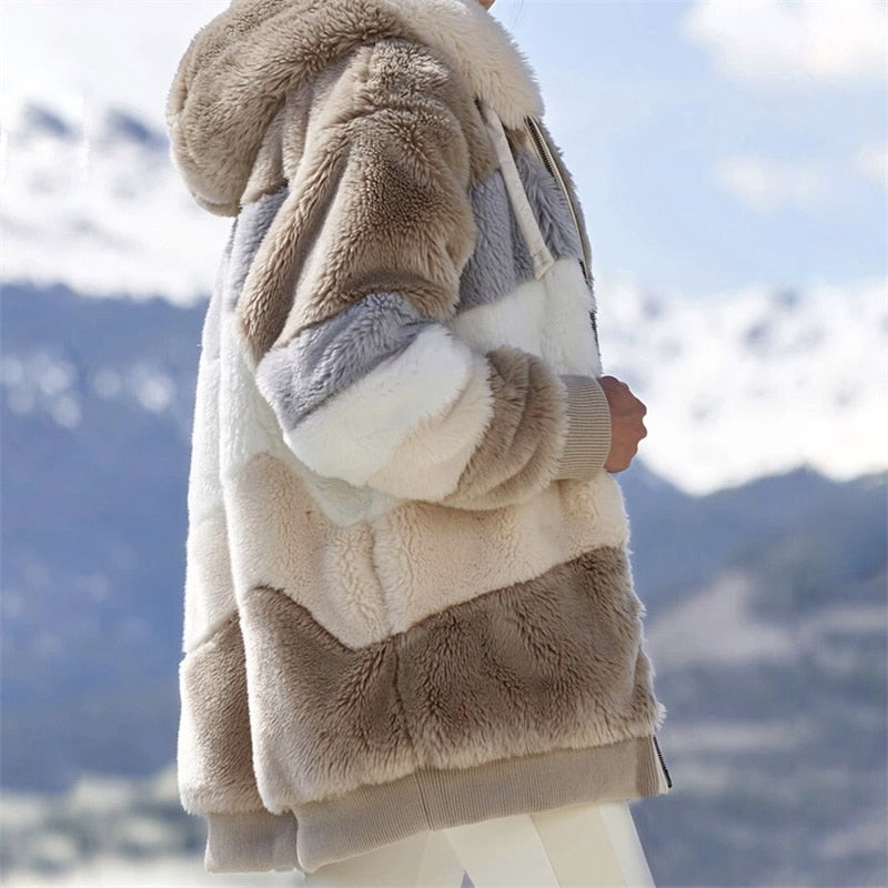 Winter-Frauen-Jacken-warmer Plüsch-beiläufiger lockerer mit Kapuze Mantel-Mischfarben-Patchwork-Winter-Outwear-Kunstpelz-Reißverschluss-Damen-Parka-Mantel