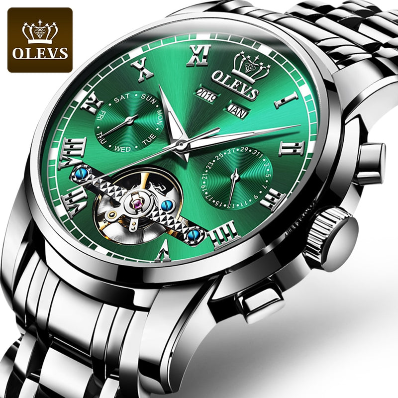 Relojes mecánicos automáticos OLEVS para Hombre, relojes de pulsera clásicos de moda verde con fecha a prueba de agua de acero inoxidable para Hombre