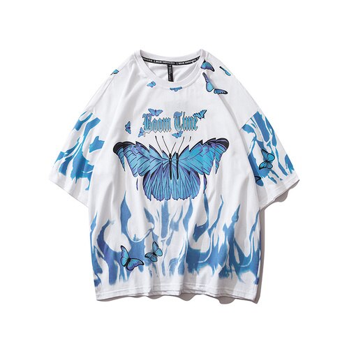 Flame Butterfly Print Short Sleeve T-Shirt Hip Hop Men's Tee 2020 New Summer Oversized Cotton Loose Top Trend Design Dropship