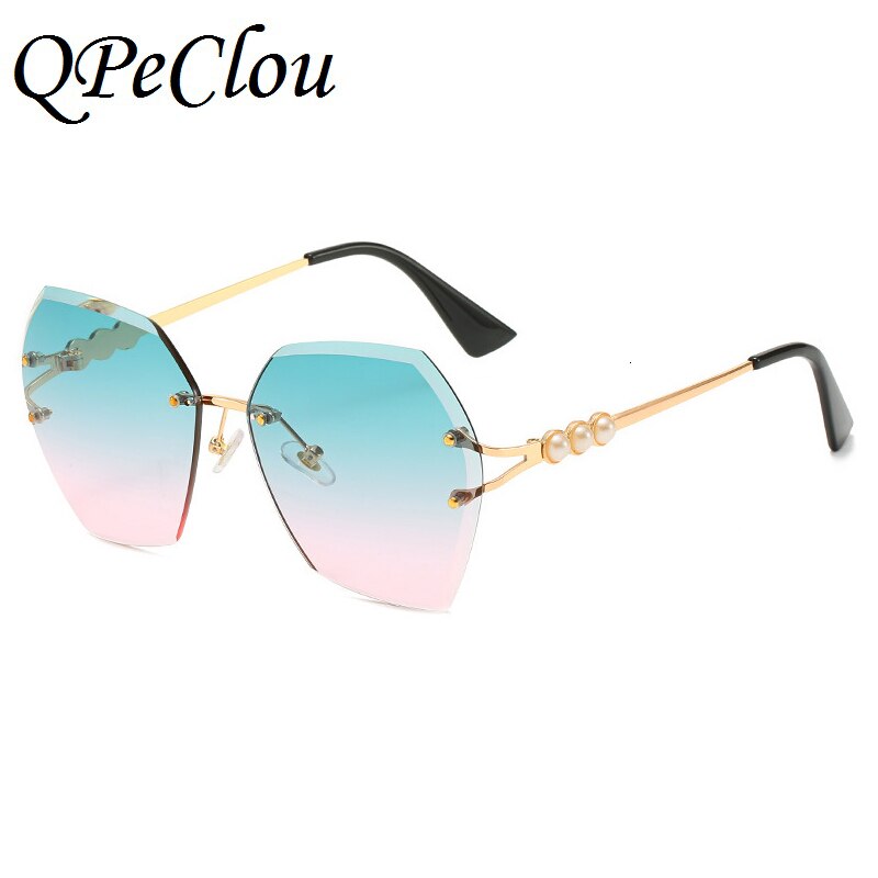 QPeClou 2020 Rimless Polygon Sunglasses Women Retro Luxury Pearls Sun Glasses Woman Fashion Metal Gradient Shades Oculos De Sol