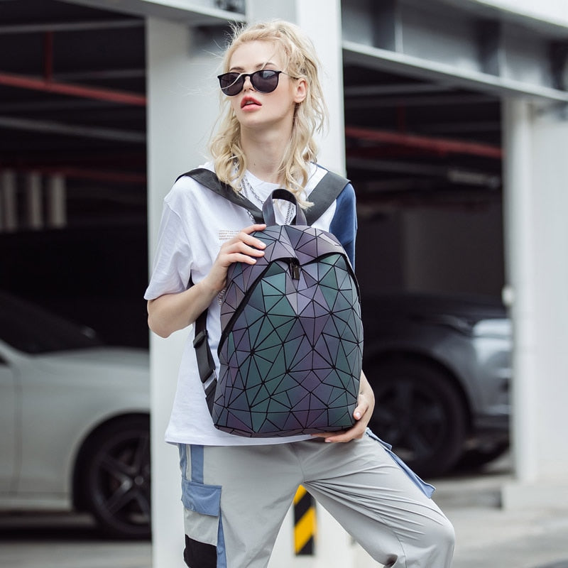 Conjunto de mochilas para mujer, mochila luminosa geométrica, bolso escolar, mochila de viaje noctilucente holográfica, mochila para estudiante femenina 2021