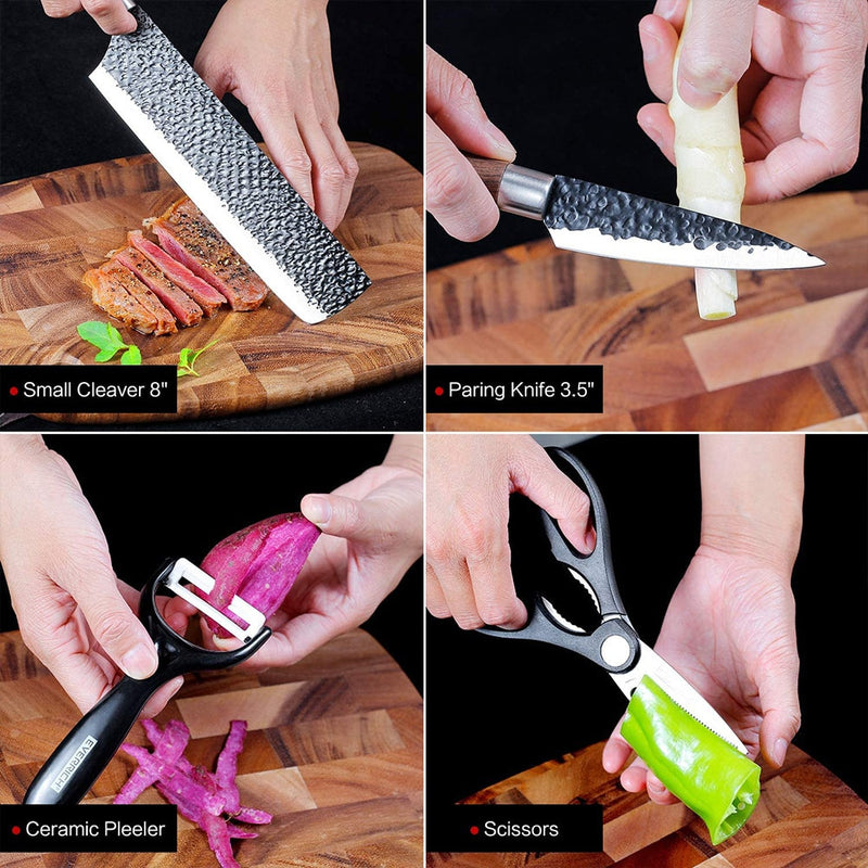 Stainless Steel Kitchen Knife Set 6 Pieces Forged Meat Cleaver Scissors Ceramic Peeler Chef Carving Slicer Cooking Paring Tools
